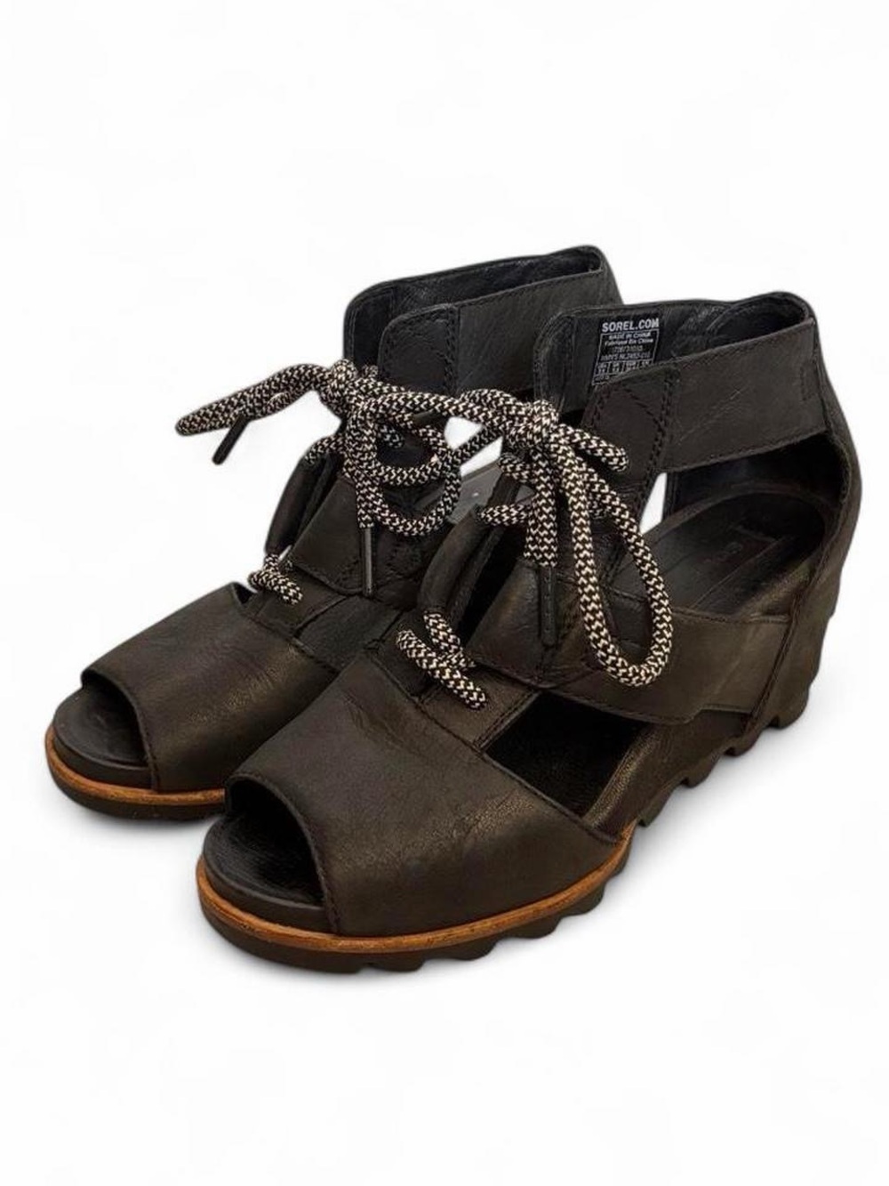 Sorel Black Leather Lace-Up Open-Toe Wedge Sandals